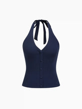 Knit Halter Neckline Rib Button Crop Top