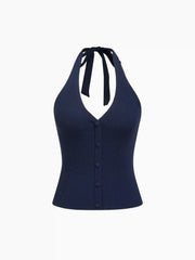 Knit Halter Neckline Rib Button Crop Top