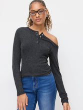 Asymmetrical Neck Long Sleeve Button Tee