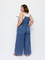 Denim Washed Square Neck Bowknot Belted Wide Leg Jumpsuit Curve & Plus