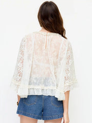Lace Ruffled Round Neck Middle Sleeve Blouse