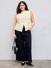 Woven Boat Neck Solid Button Vest Curve & Plus