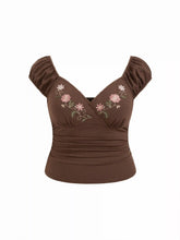 Cotton-blend V-Neck Floral Embroidery Ruched Puff Sleeve Top Curve & Plus
