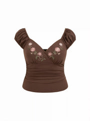 Cotton-blend V-Neck Floral Embroidery Ruched Puff Sleeve Top Curve & Plus