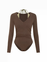 Cotton-blend Colorblock Halter V-neck Long Sleeve Ruched Bodysuit