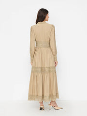 High Neck Long Sleeve Contrasting Lace Hollow Out A-line Maxi Dress