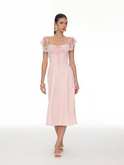Lace Ruffle Sweetheart Neck Bowknot A-Line Midi Dress