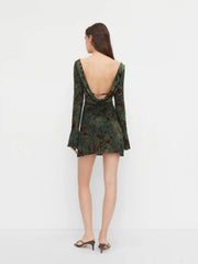 Boat Neck Floral Ruched Backless Metal Detail Lettuce Trim Mini Dress
