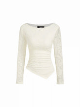 Lace Boat Neck Asymmetrical Hem Ruched Long Sleeve Top
