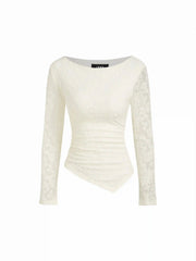 Lace Boat Neck Asymmetrical Hem Ruched Long Sleeve Top