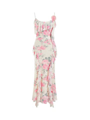 Mesh Floral Ruffled Bobycon Cami Maxi Dress