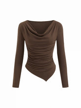Cowl Neck Long Sleeve Asymmetrical Hem Ruched Top