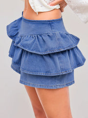 Denim Mid Rise Solid Ruffle Layered Zipper Shorts