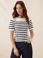 Knit Striped Boat Neck Metal Detail Short Sleeve Top