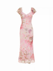 Mesh Sweetheart Floral Ruffle sleeve Mermaid Maxi Dress