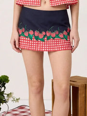 Linen-blend Mid Rise Raspberry & Gingham Skort