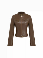 Zip Through Stand Collar Faux Leather Crop Jacket