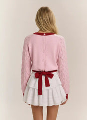 Wool-blend Contrasting Binding Tie Back Hollow Out Sweater