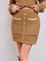 Knit Mid Rise Solid Lace Button Up Mini Skirt