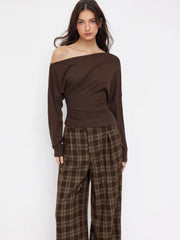 Asymmetrical Neck Ruched Top & Plaid High Rise Straight Leg Trousers Set