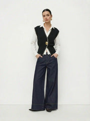 Knit Collarless Contrasting Binding Metal Detail Vest