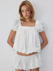 Cotton-blend Square Neck Puff Sleeve Ruched Bubble Hem Blouse
