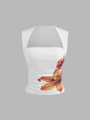 Cotton-blend Square Neck Floral Ruched Tank Top & Mid Rise Solid Drawstring Midi Skirt Set