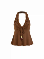 High Stretch V-neck Halter Ruched Lace Trim Beaded Drawstring Peplum Tank Top
