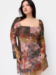 Mesh Bell Sleeve Patchwork Ruched Flared Mini Dress Curve & Plus
