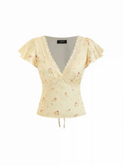 Satin Floral V-neck Ruffle Sleeve Lace Trim Blouse