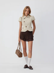 Notched Collar Puff Sleeve Asymmetrical Button Blouse