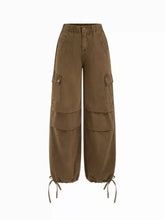 Denim Mid Rise Drawstring Wide Leg Cargo Jeans