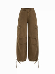 Denim Mid Rise Drawstring Wide Leg Cargo Jeans
