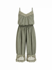 V-neck Lace Panel Drawstring Capri Bloomer Jumpsuit