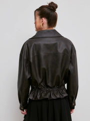 Oversized Faux Leather Ruffle Hem Double Breasted Jacket