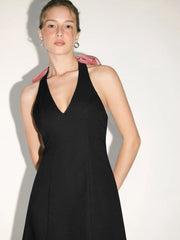 Velvet Halter Neckline Bowknot Zipper Mini Dress