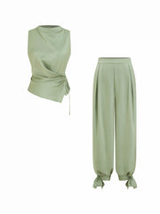 Satin Stand Collar Wraped Knotted Top & Mid Rise Bloomer Pants Set