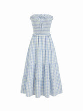 Gingham Strapless Shirred Knotted Ruffle Trim Tiered Maxi Dress