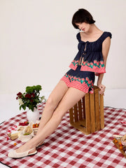 Linen-blend Mid Rise Raspberry & Gingham Skort