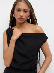 Asymmetrical Neck Solid Pleated Romper