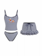 Striped Dog Graphic Scoop Neck 3 Piece Bikini Set With Ruffle Skirt