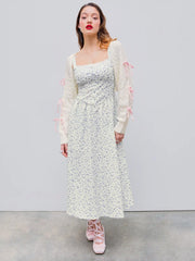 Square Neck Floral Corset Lace Up Midi Dress