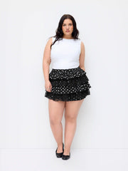 Chiffon Mid Rise Polka Dot Tiered Lace Panel Mini Skort Curve & Plus