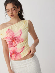 Mesh Floral Asymmetrical Neck Ruched Tank Top