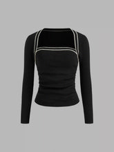 Knit Square Neck Solid Contrasting Binding Ruched Long Sleeve Top