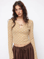 Plaid Geometric Pattern V-neck Bell Sleeve Beaded Cut Out Top