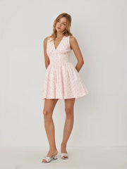 Cotton Floral V-neck Lace Panel A-line Mini Dress