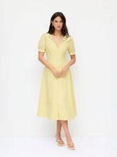 Cotton-blend Floral Graphic V-neck Lantern Sleeve Embroidery Midi Shirt Dress