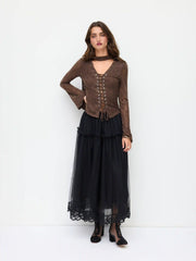 Lace V-neck Lace Up Long Sleeve Top With Scarf