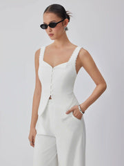 Linen-blend Lace Panel Mid Rise Wide Leg Jumpsuit